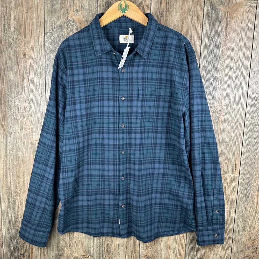 Marine Layer Tahoe Flannel Shirt Green Navy Plaid Mens Large NEW 18296
